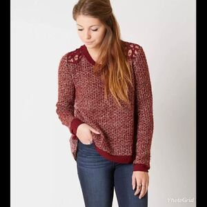 Miss Me Crochet Pieced Burgundy Crewneck Sweater